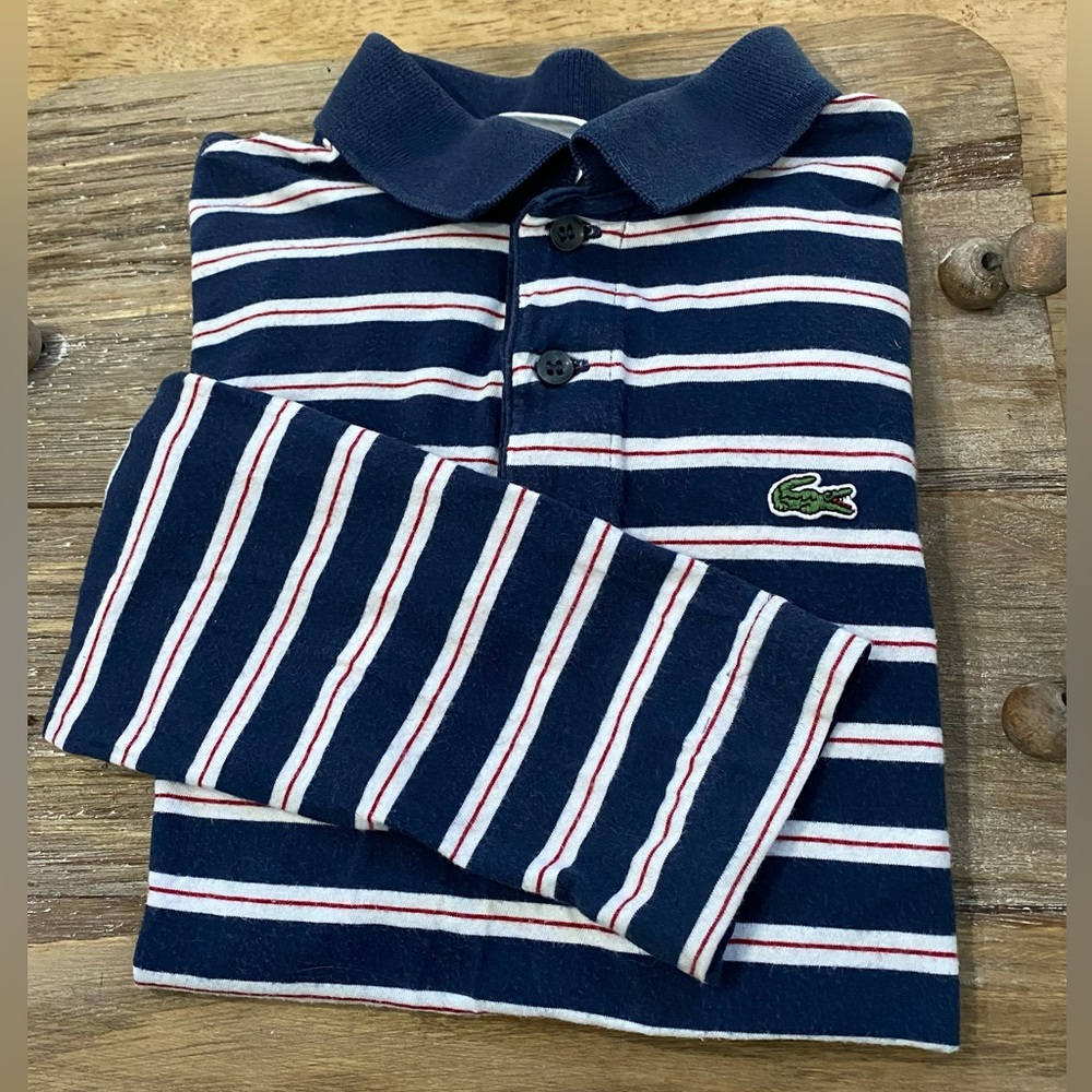 Lacoste Boy’s Sz 10‎ Navy/Red Striped Long Sleeve Polo Shirt